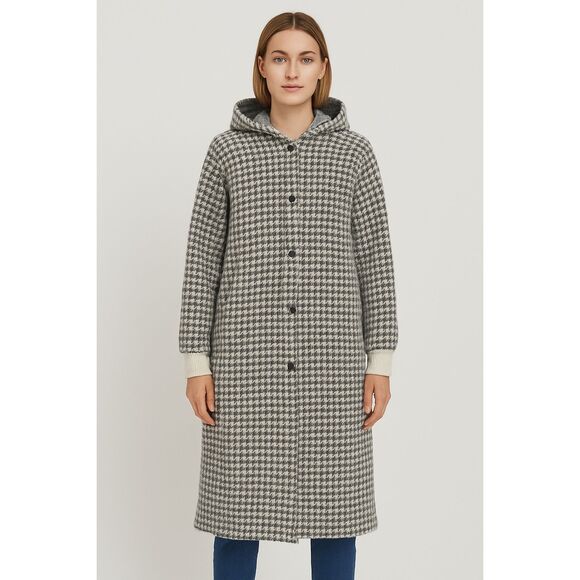Cliche’ Black & White Houndstooth Hooded Fury Coat Size L - Picture 1 of 11